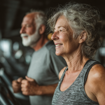 Adultos mayores practicando ejercicios de estiramiento en un ambiente luminoso y acogedor